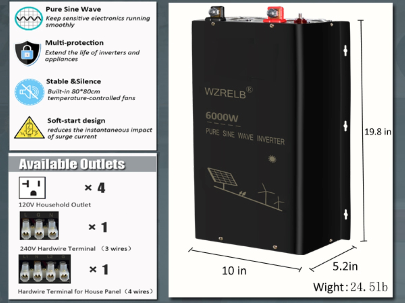 Off Grid Solar Inverter 48V 6000W - อินเวอร์เตอร์คลื่นไซน์บริสุทธิ์แบบออฟกริด 6000W สำหรับแผงโซลาร์เซลล์ 24V/36V/48V/72V/96V DC เป็น