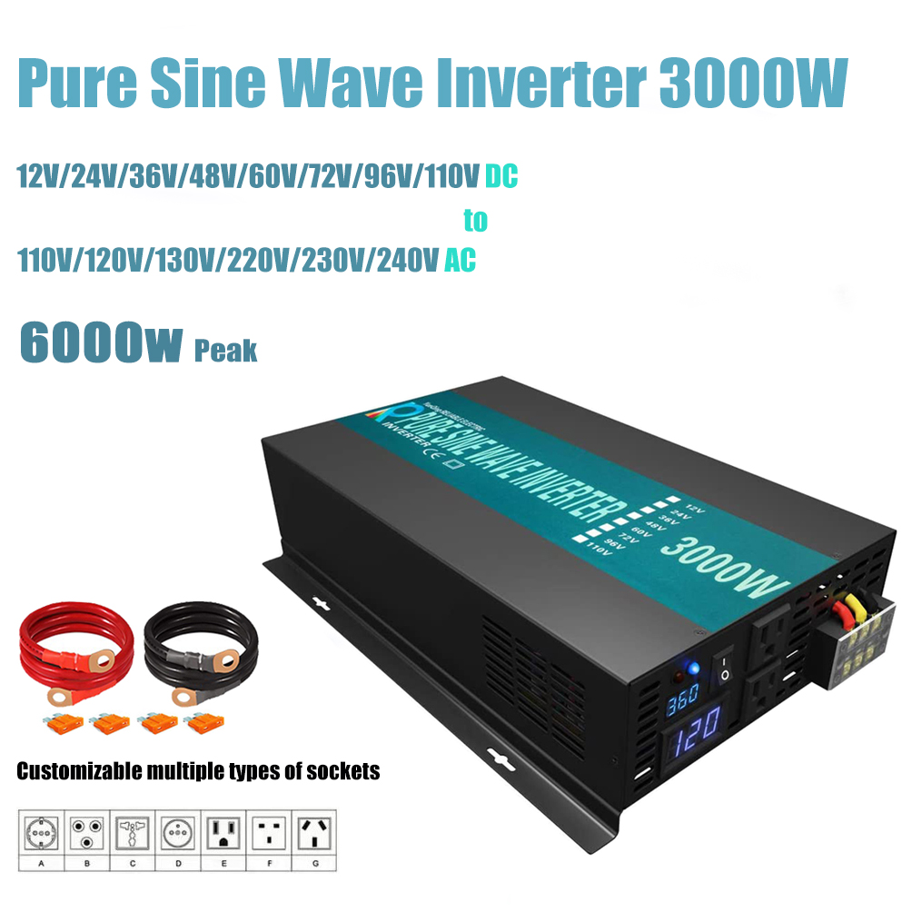 Inverter Pure Sine Wave 60Hz 120V 3000W - อินเวอร์เตอร์เพียวไซน์เวฟ3000W 24V 220V แผงโซล่าอินเวอร์เตอร์เครื่องกำเนิดแบตสำรอง12V/36/48VDC เป็น110V/120V/230V/240VAC ที่เชื่อถือได้